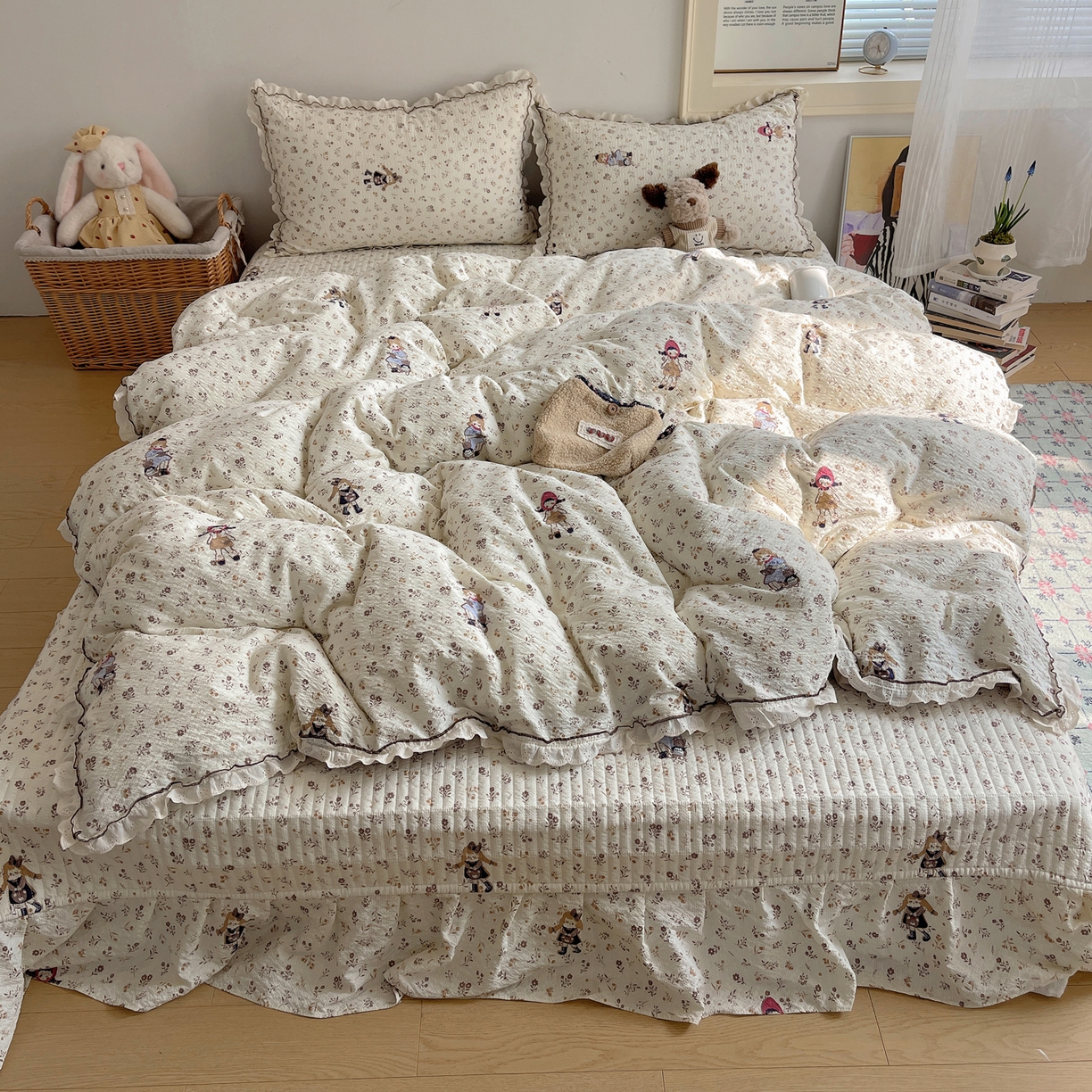 91家纺网 家纺一手货源 找家纺 2026新款泡芙纱床盖四件套 小女孩