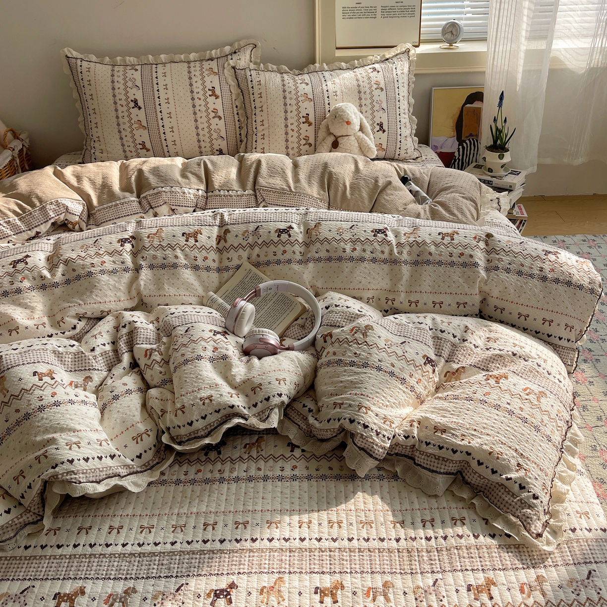 91家纺网 家纺一手货源 找家纺 2026新款泡芙纱床盖四件套 摇摇马