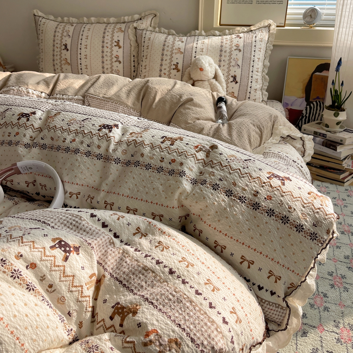 91家纺网 家纺一手货源 找家纺 2026新款泡芙纱床盖四件套 摇摇马