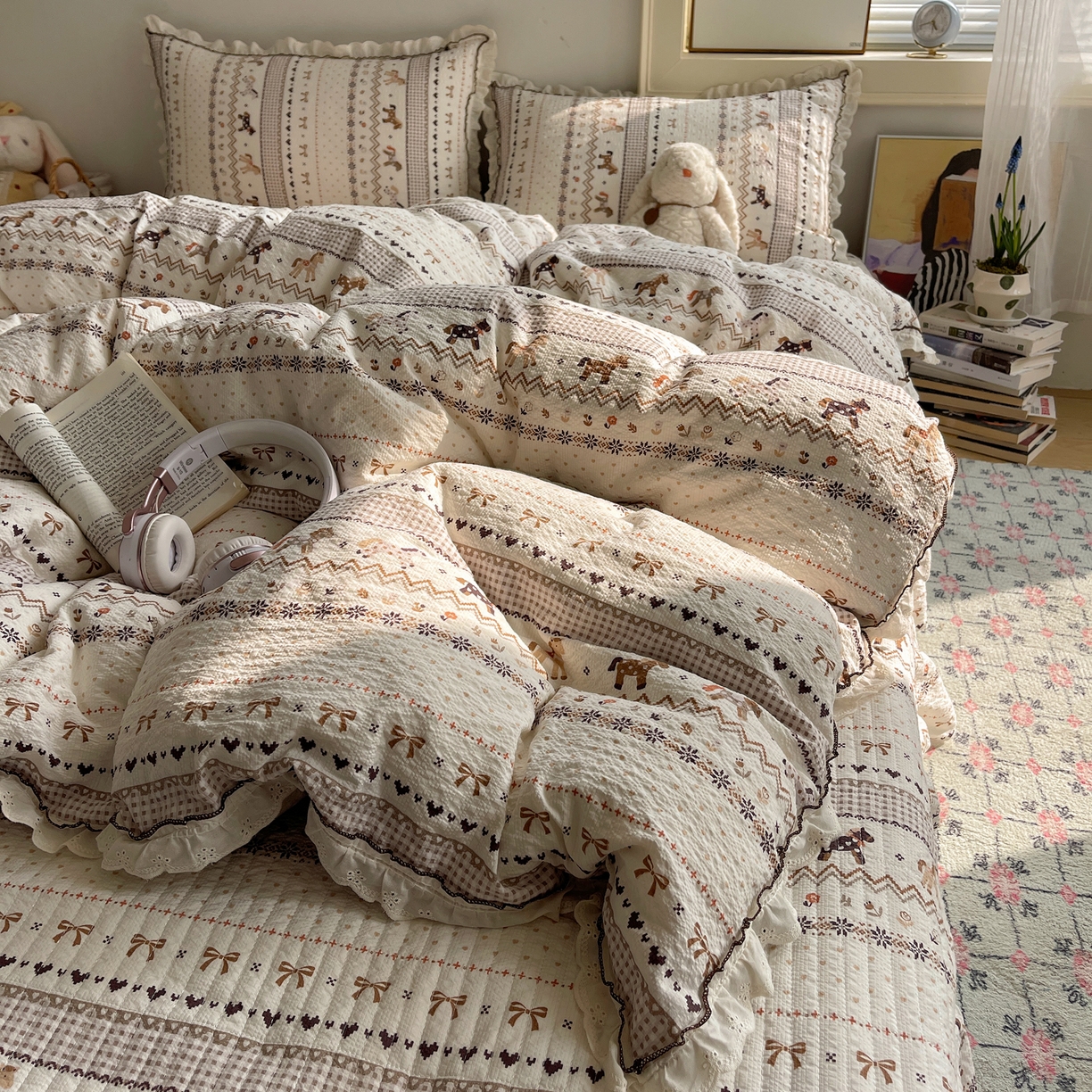 91家纺网 家纺一手货源 找家纺 2026新款泡芙纱床盖四件套 摇摇马