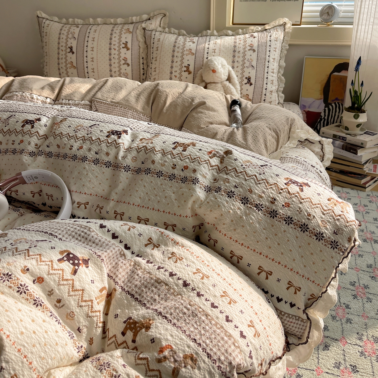 91家纺网 家纺一手货源 找家纺 2026新款泡芙纱床盖四件套 摇摇马