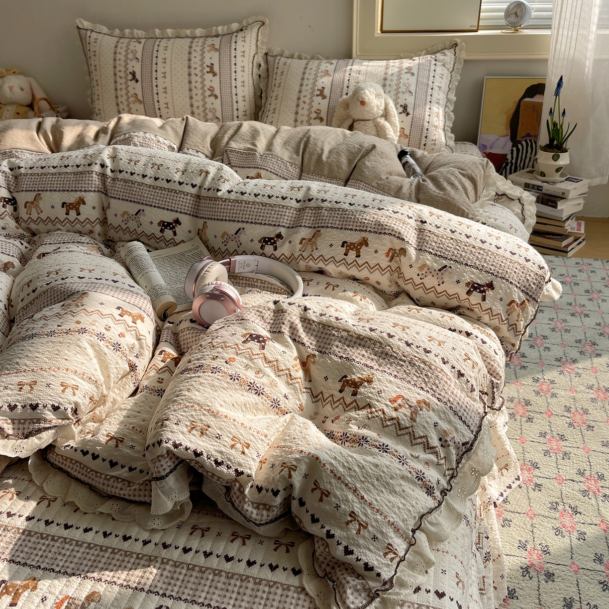 91家纺网 家纺一手货源 找家纺 2026新款泡芙纱床盖四件套 摇摇马