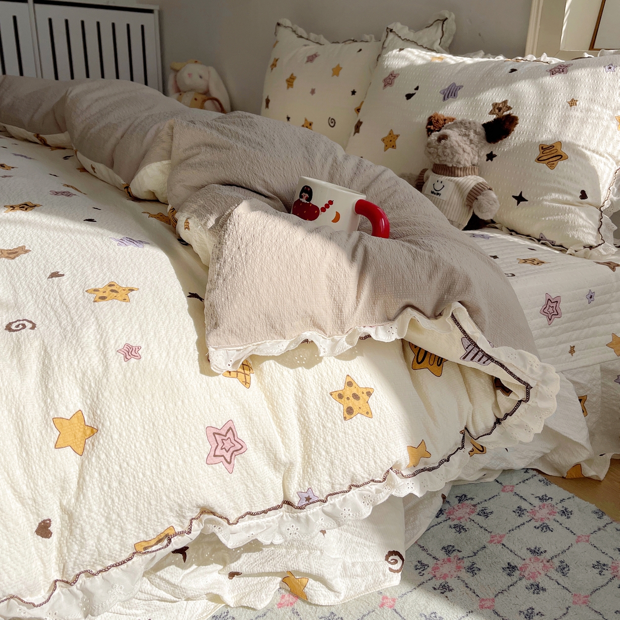 91家纺网 家纺一手货源 找家纺 2026新款泡芙纱床盖四件套 星愿