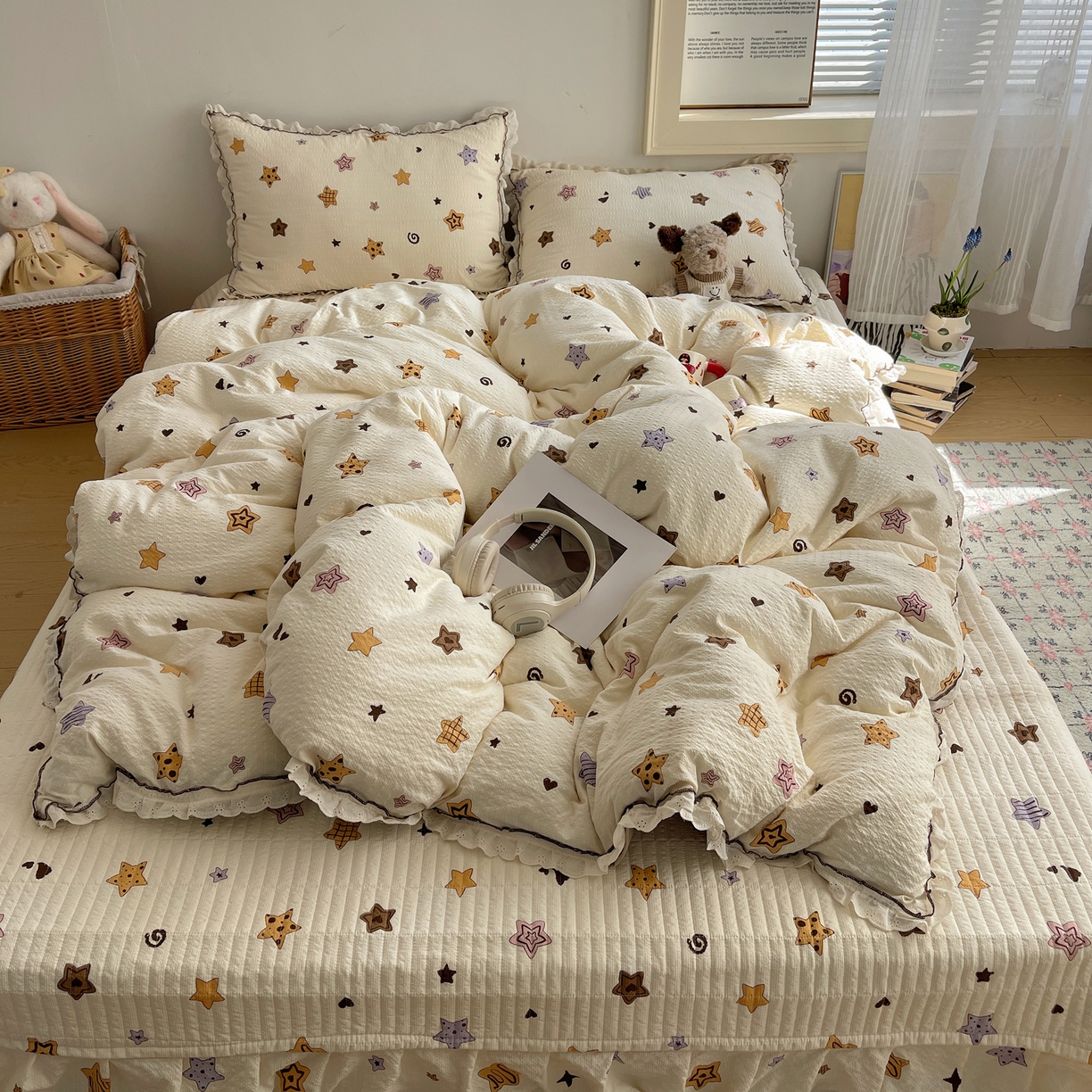 91家纺网 家纺一手货源 找家纺 2026新款泡芙纱床盖四件套 星愿