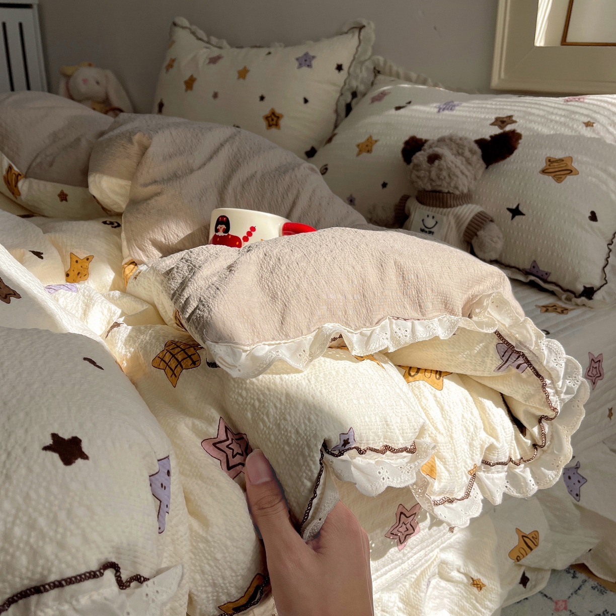 91家纺网 家纺一手货源 找家纺 2026新款泡芙纱床盖四件套 星愿