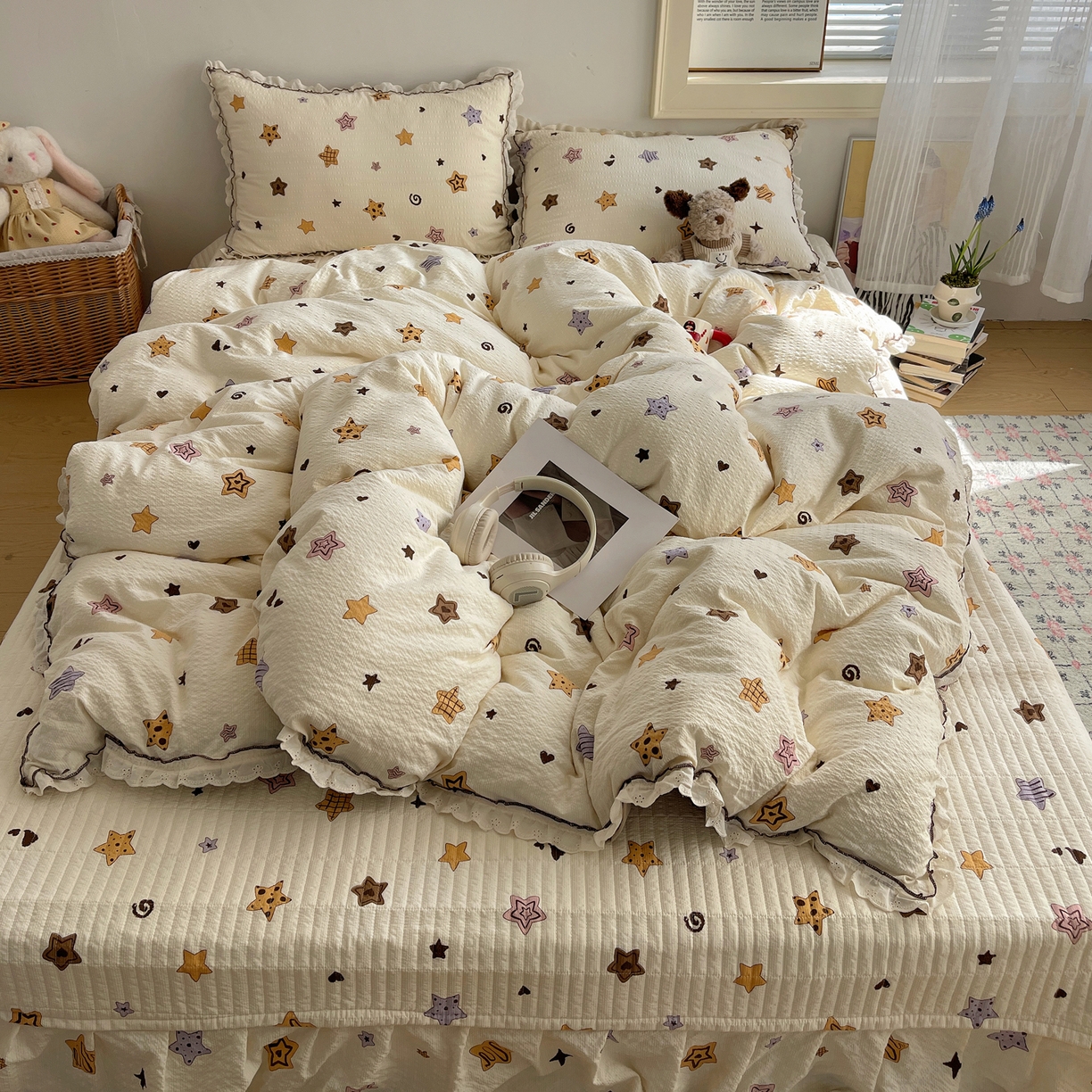 91家纺网 家纺一手货源 找家纺 2026新款泡芙纱床盖四件套 星愿