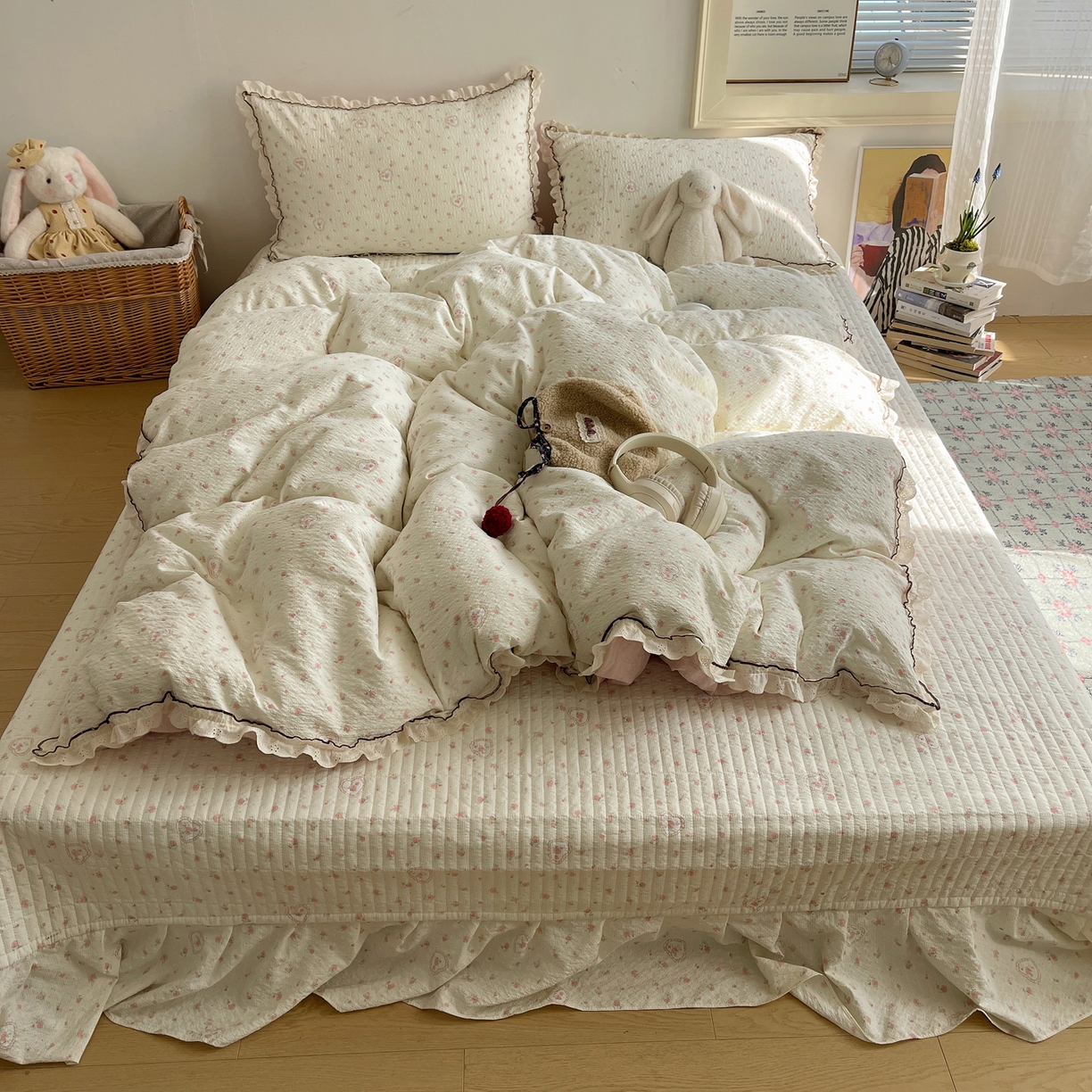 91家纺网 家纺一手货源 找家纺 2026新款泡芙纱床盖四件套 暖心