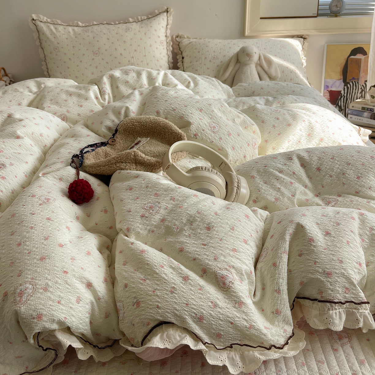 91家纺网 家纺一手货源 找家纺 2026新款泡芙纱床盖四件套 暖心