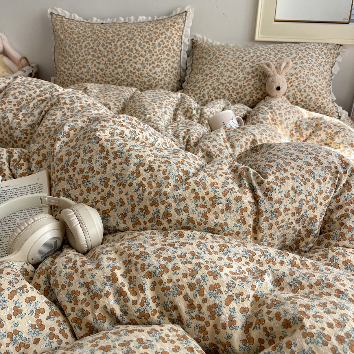 91家纺网 家纺一手货源 找家纺 2026新款泡芙纱床盖四件套 暖橘枝