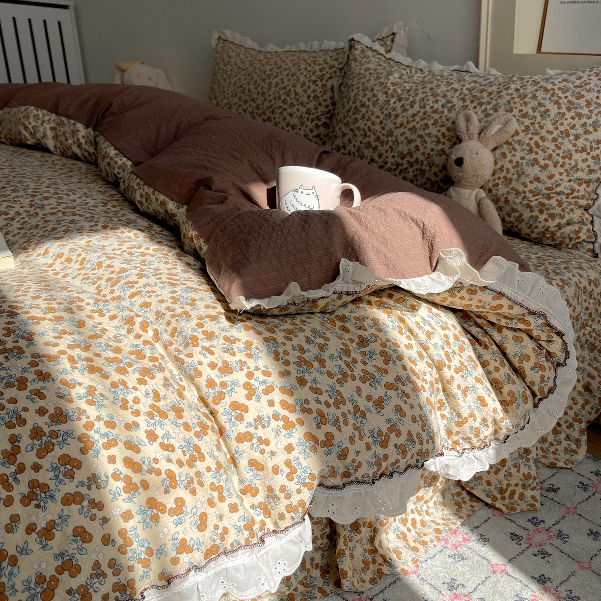 91家纺网 家纺一手货源 找家纺 2026新款泡芙纱床盖四件套 暖橘枝