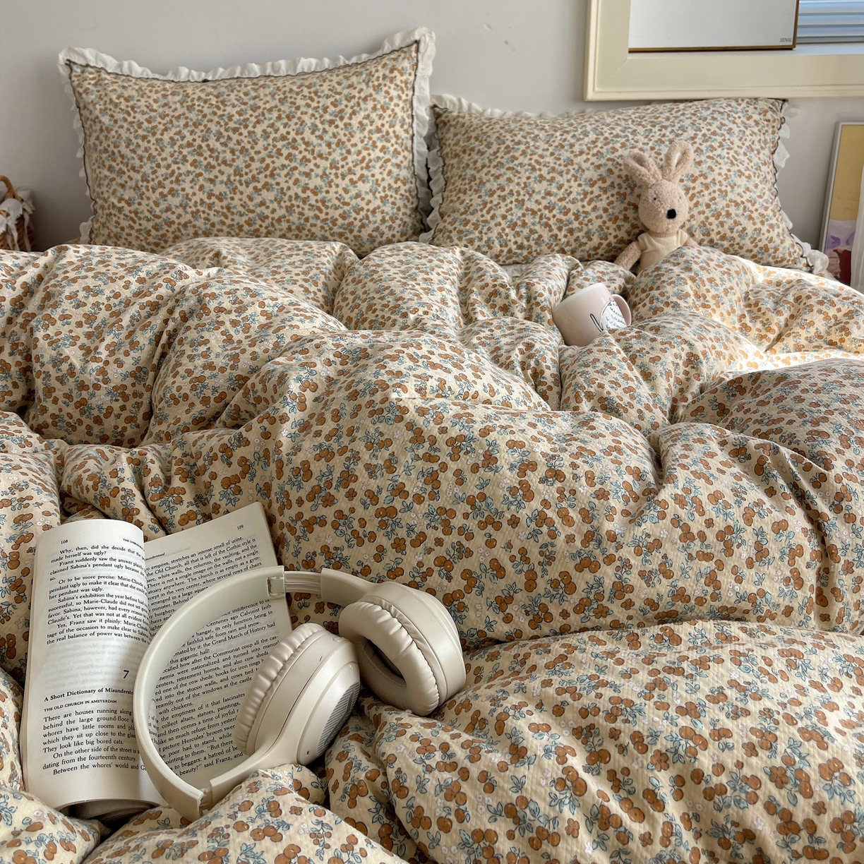 91家纺网 家纺一手货源 找家纺 2026新款泡芙纱床盖四件套 暖橘枝