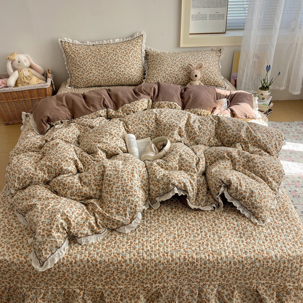 91家纺网 家纺一手货源 找家纺 2026新款泡芙纱床盖四件套 暖橘枝