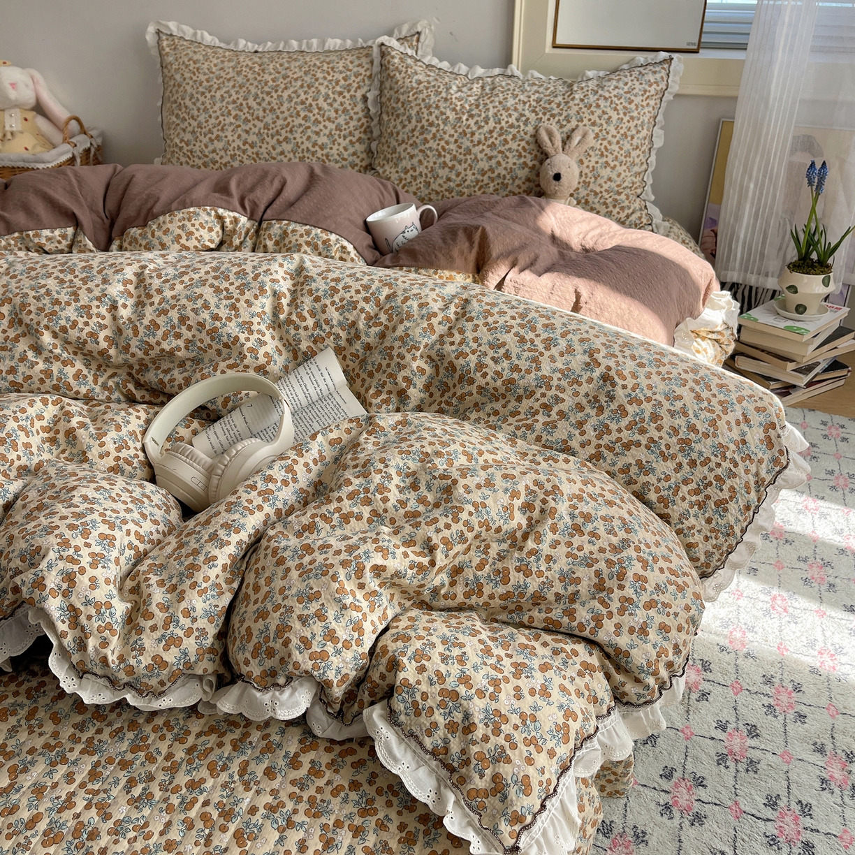 91家纺网 家纺一手货源 找家纺 2026新款泡芙纱床盖四件套 暖橘枝