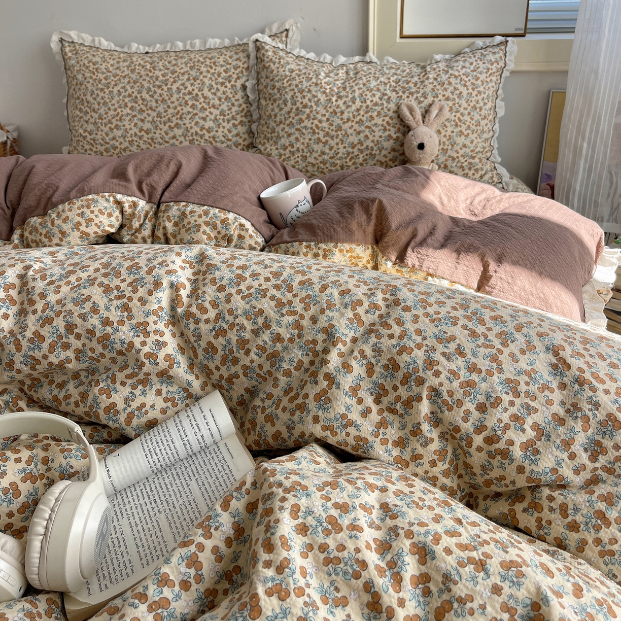 91家纺网 家纺一手货源 找家纺 2026新款泡芙纱床盖四件套 暖橘枝