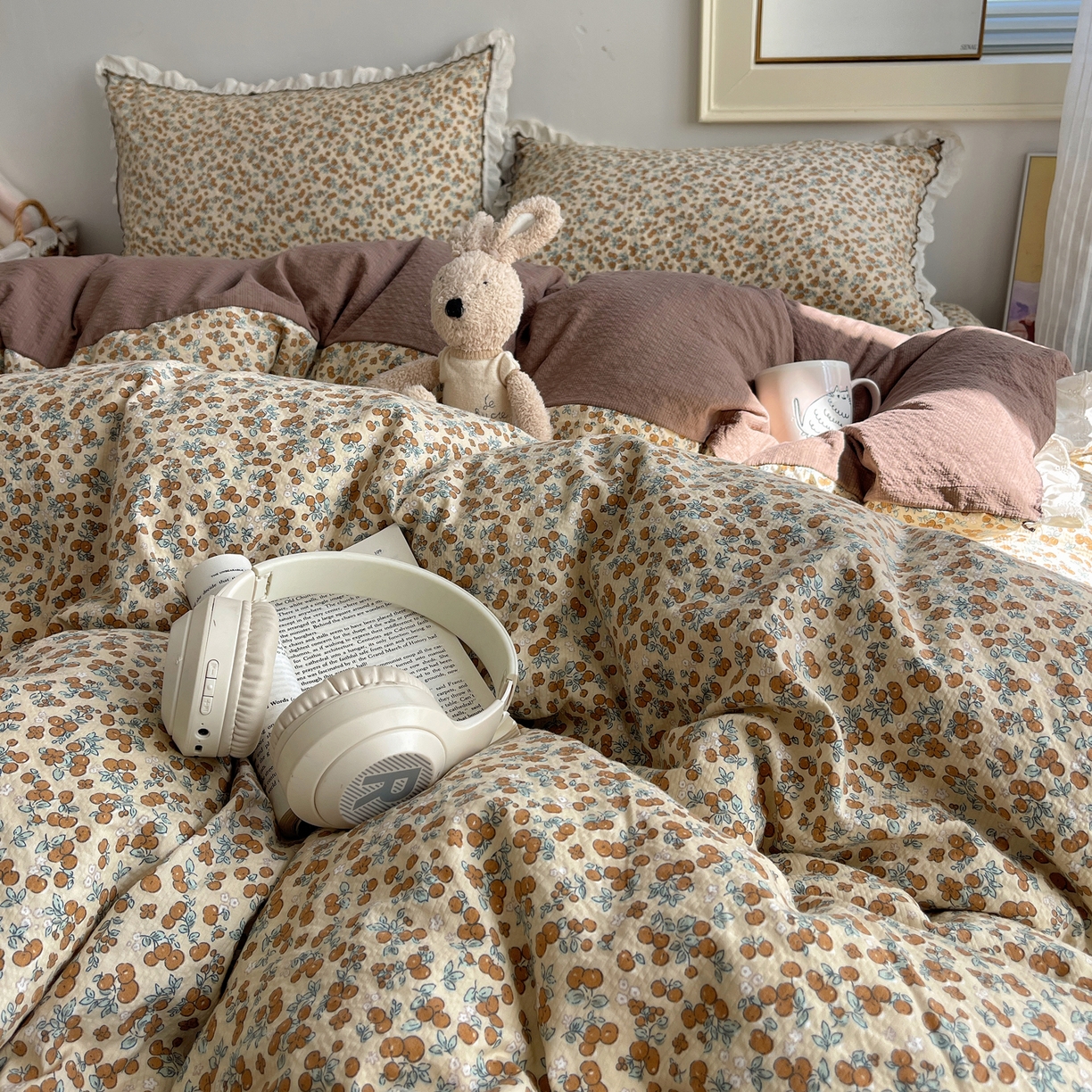 91家纺网 家纺一手货源 找家纺 2026新款泡芙纱床盖四件套 暖橘枝