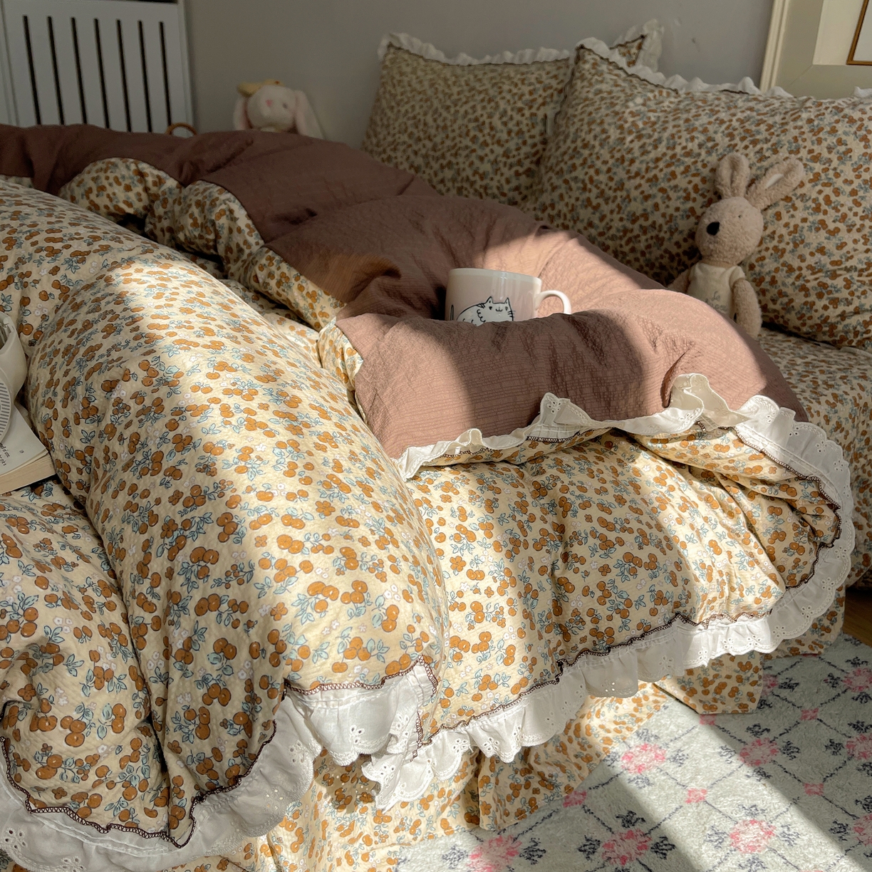 91家纺网 家纺一手货源 找家纺 2026新款泡芙纱床盖四件套 暖橘枝