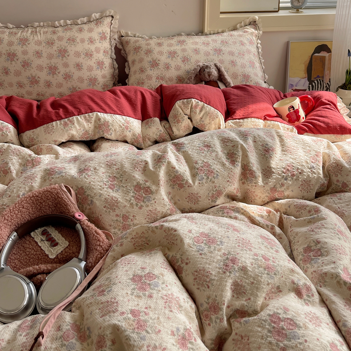 91家纺网 家纺一手货源 找家纺 2026新款泡芙纱床盖四件套 梨花落