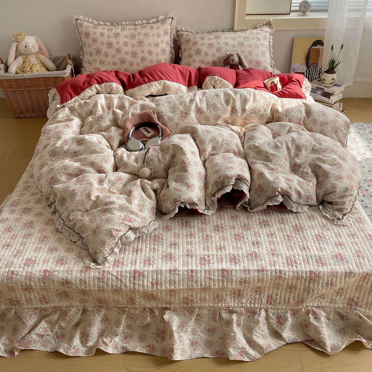 91家纺网 家纺一手货源 找家纺 2026新款泡芙纱床盖四件套 梨花落