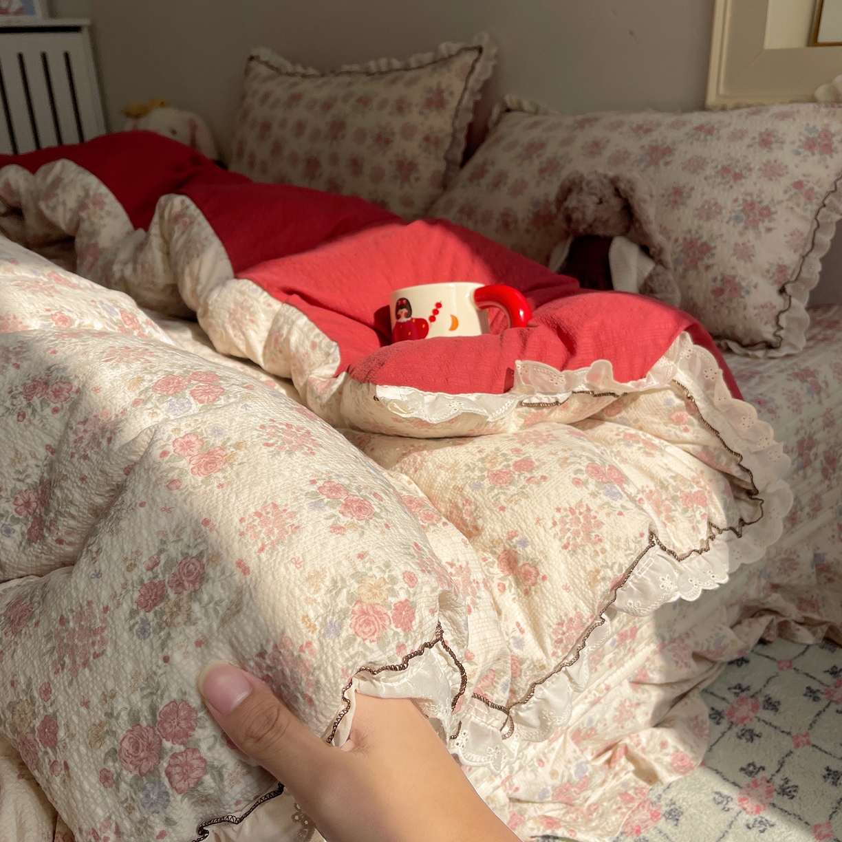 91家纺网 家纺一手货源 找家纺 2026新款泡芙纱床盖四件套 梨花落