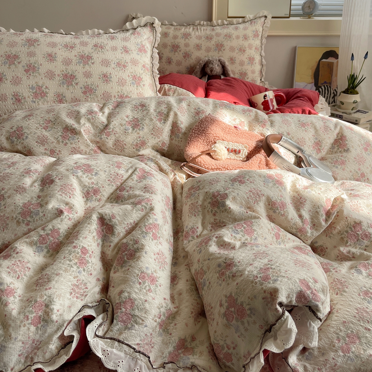 91家纺网 家纺一手货源 找家纺 2026新款泡芙纱床盖四件套 梨花落