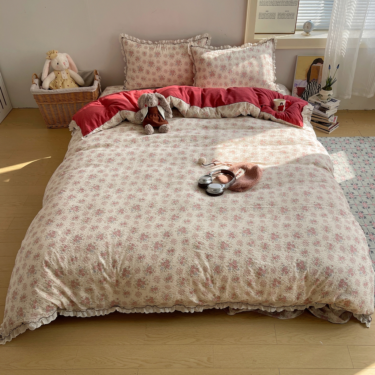 91家纺网 家纺一手货源 找家纺 2026新款泡芙纱床盖四件套 梨花落