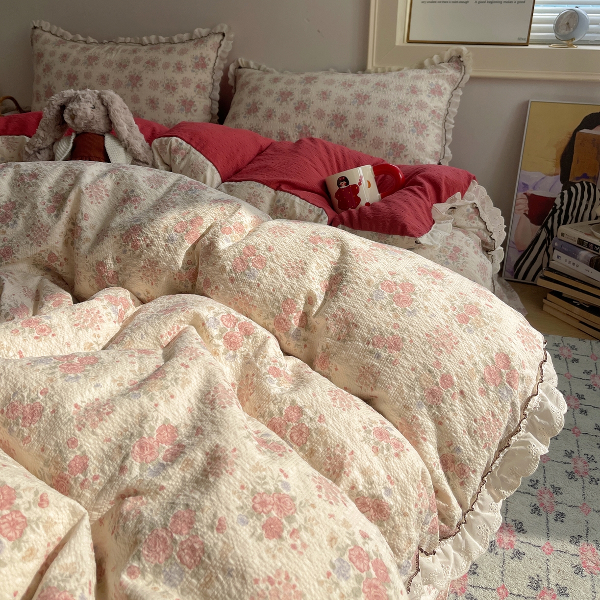 91家纺网 家纺一手货源 找家纺 2026新款泡芙纱床盖四件套 梨花落