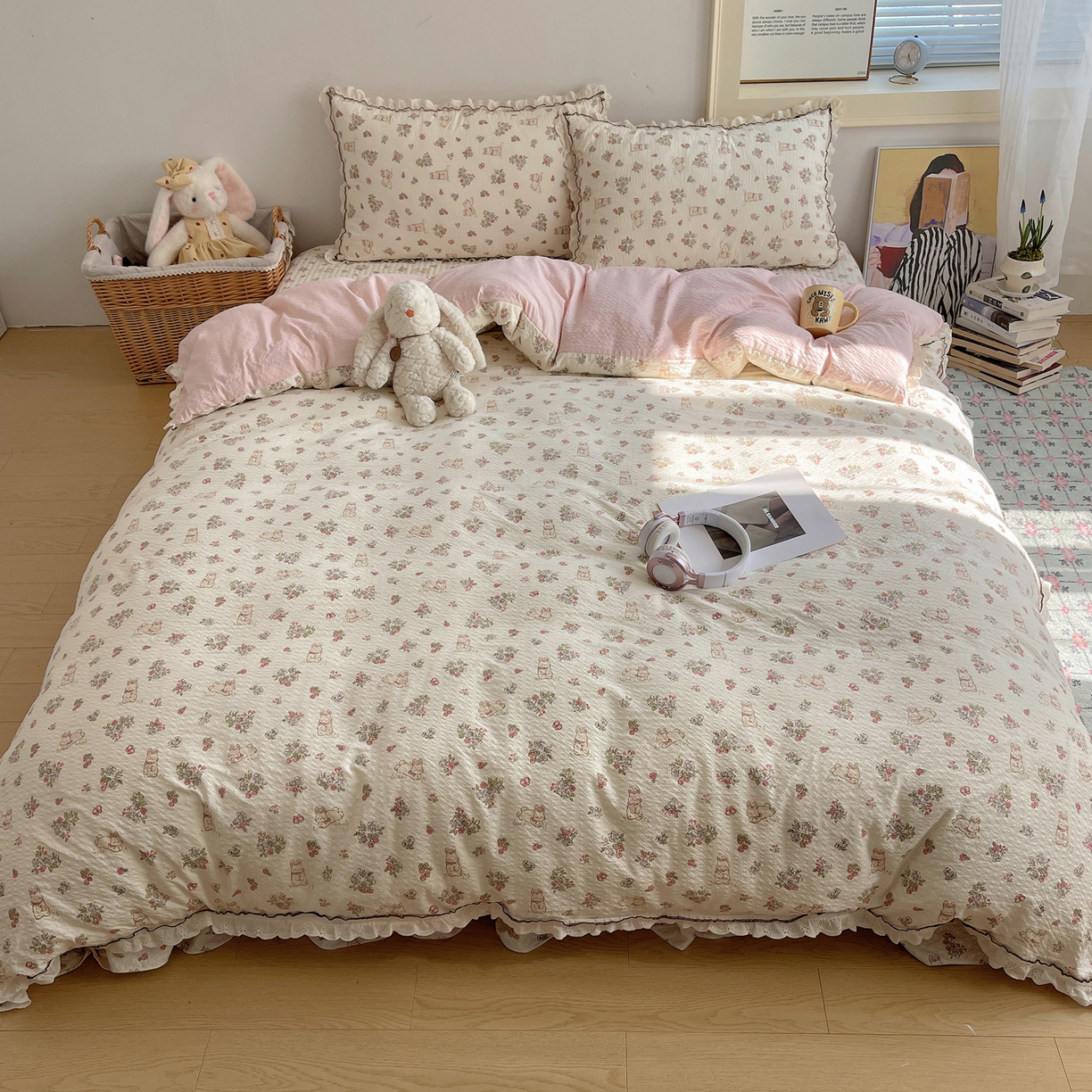 91家纺网 家纺一手货源 找家纺 2026新款泡芙纱床盖四件套 甜甜兔