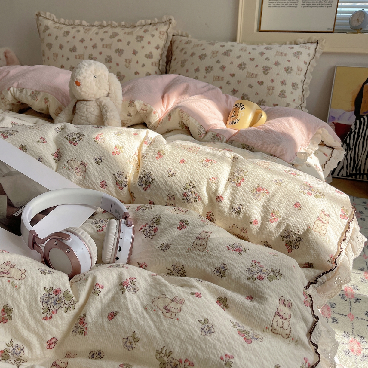 91家纺网 家纺一手货源 找家纺 2026新款泡芙纱床盖四件套 甜甜兔