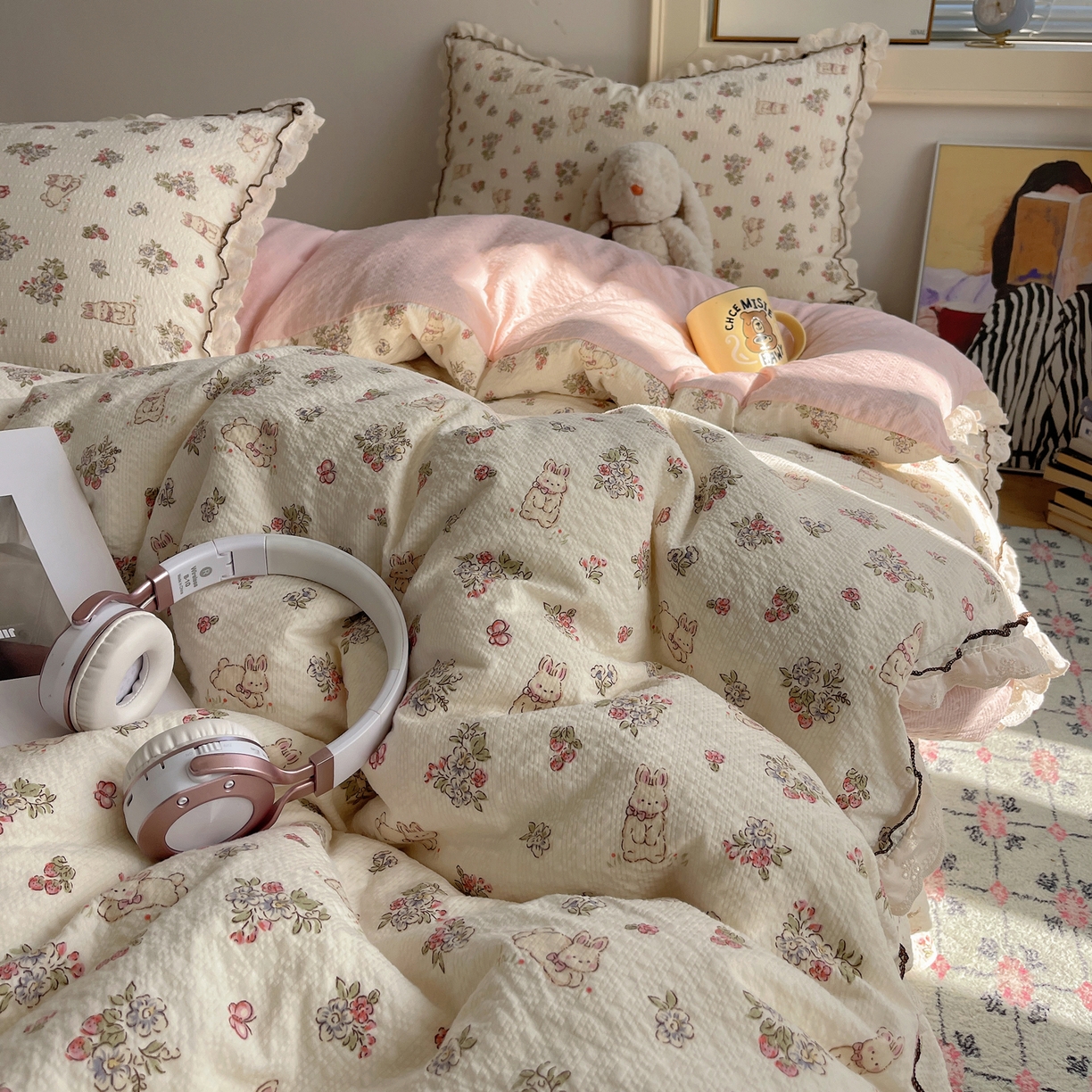 91家纺网 家纺一手货源 找家纺 2026新款泡芙纱床盖四件套 甜甜兔