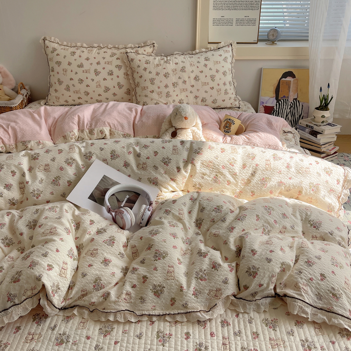 91家纺网 家纺一手货源 找家纺 2026新款泡芙纱床盖四件套 甜甜兔