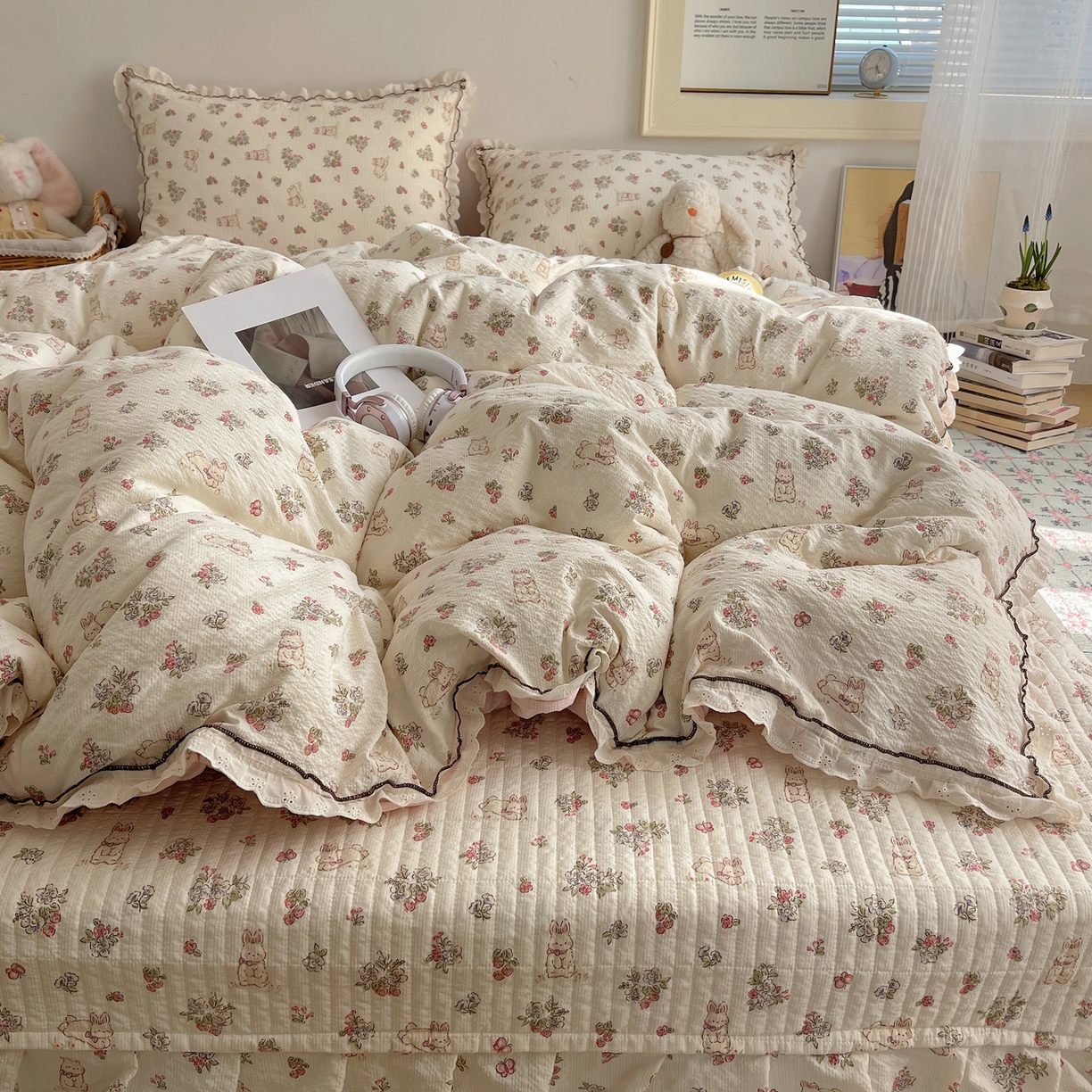 91家纺网 家纺一手货源 找家纺 2026新款泡芙纱床盖四件套 甜甜兔