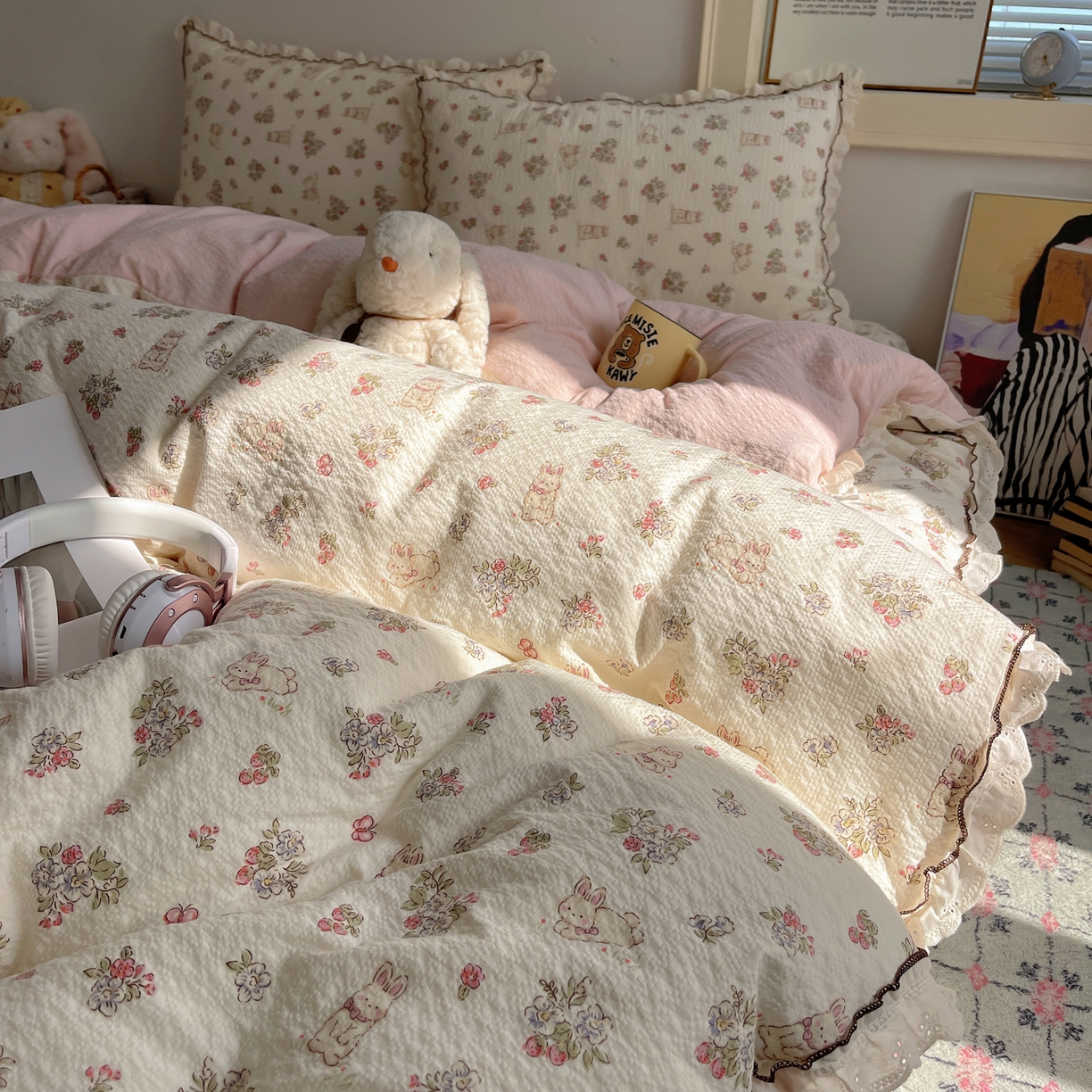 91家纺网 家纺一手货源 找家纺 2026新款泡芙纱床盖四件套 甜甜兔