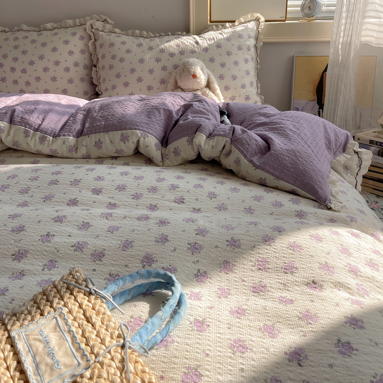 91家纺网 家纺一手货源 找家纺 2026新款泡芙纱床盖四件套 紫苏