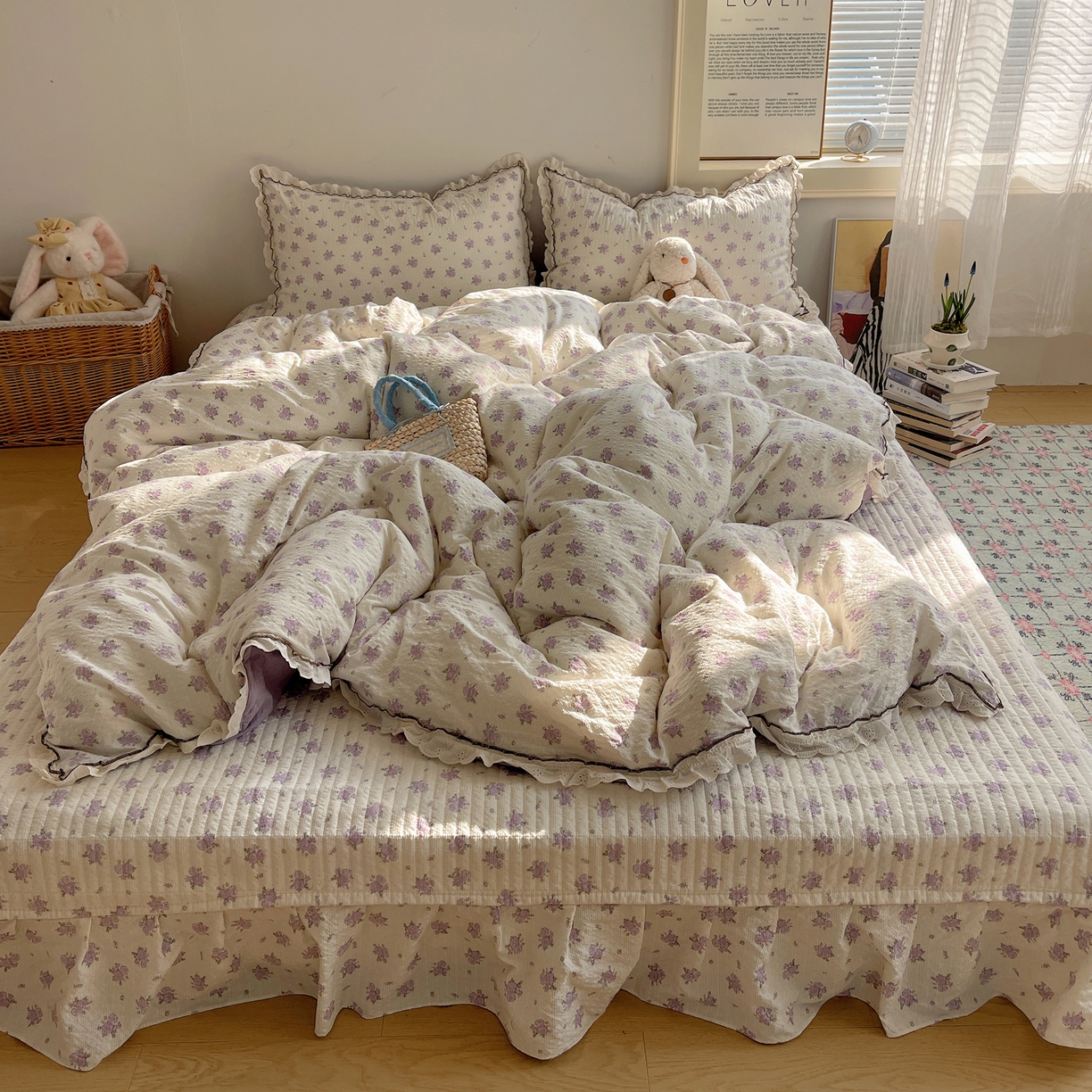 91家纺网 家纺一手货源 找家纺 2026新款泡芙纱床盖四件套 紫苏