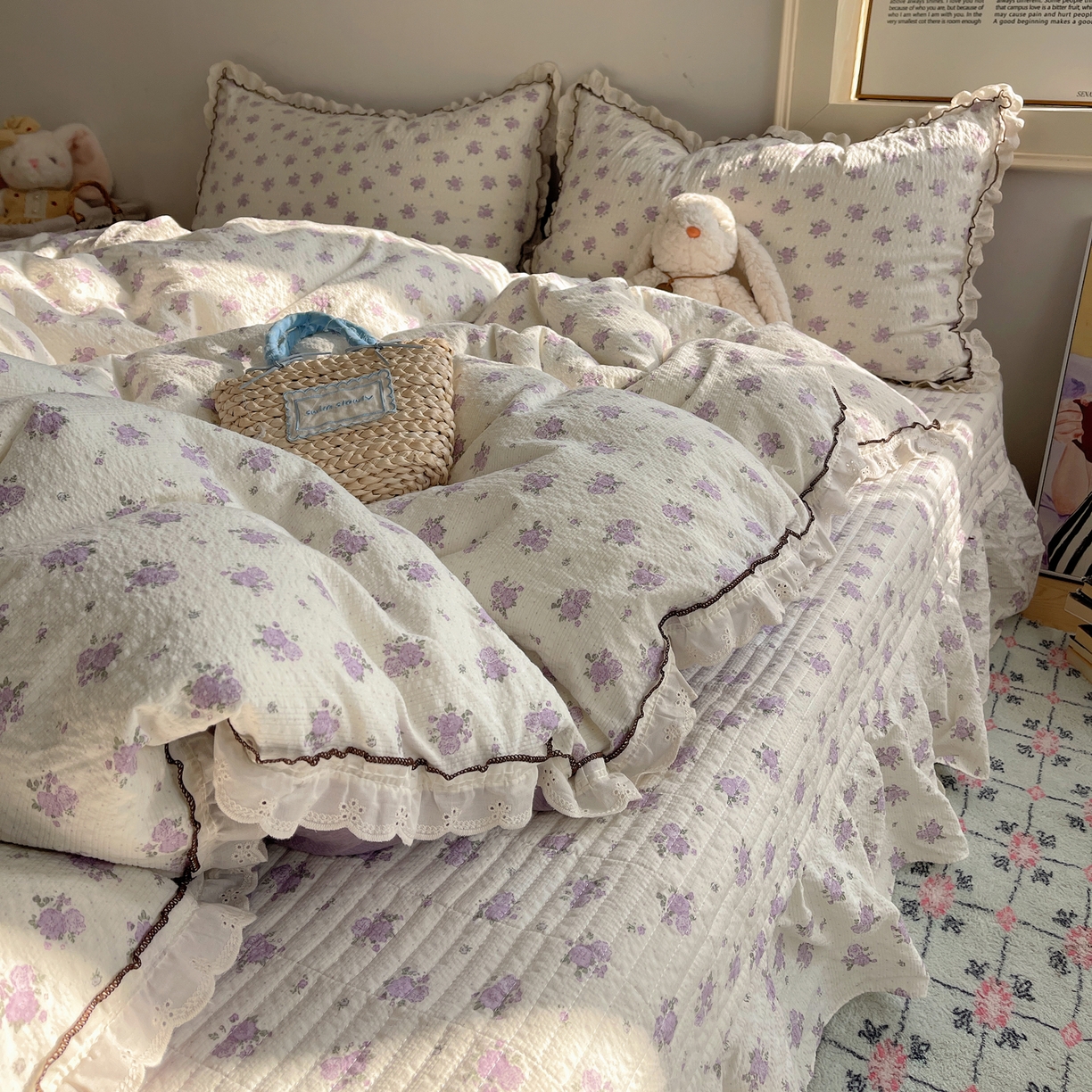 91家纺网 家纺一手货源 找家纺 2026新款泡芙纱床盖四件套 紫苏