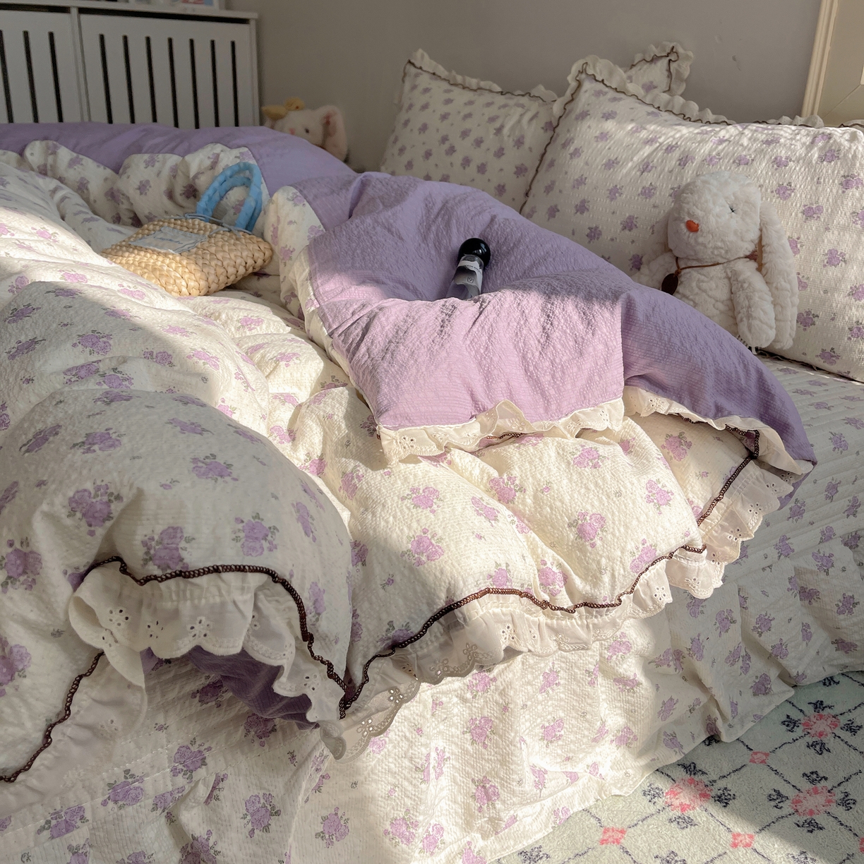 91家纺网 家纺一手货源 找家纺 2026新款泡芙纱床盖四件套 紫苏