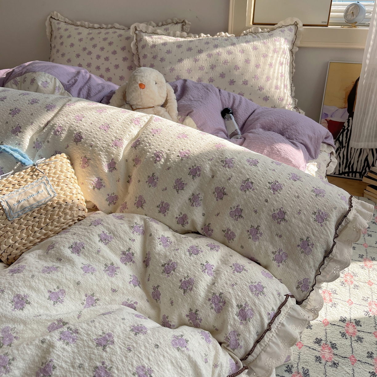 91家纺网 家纺一手货源 找家纺 2026新款泡芙纱床盖四件套 紫苏