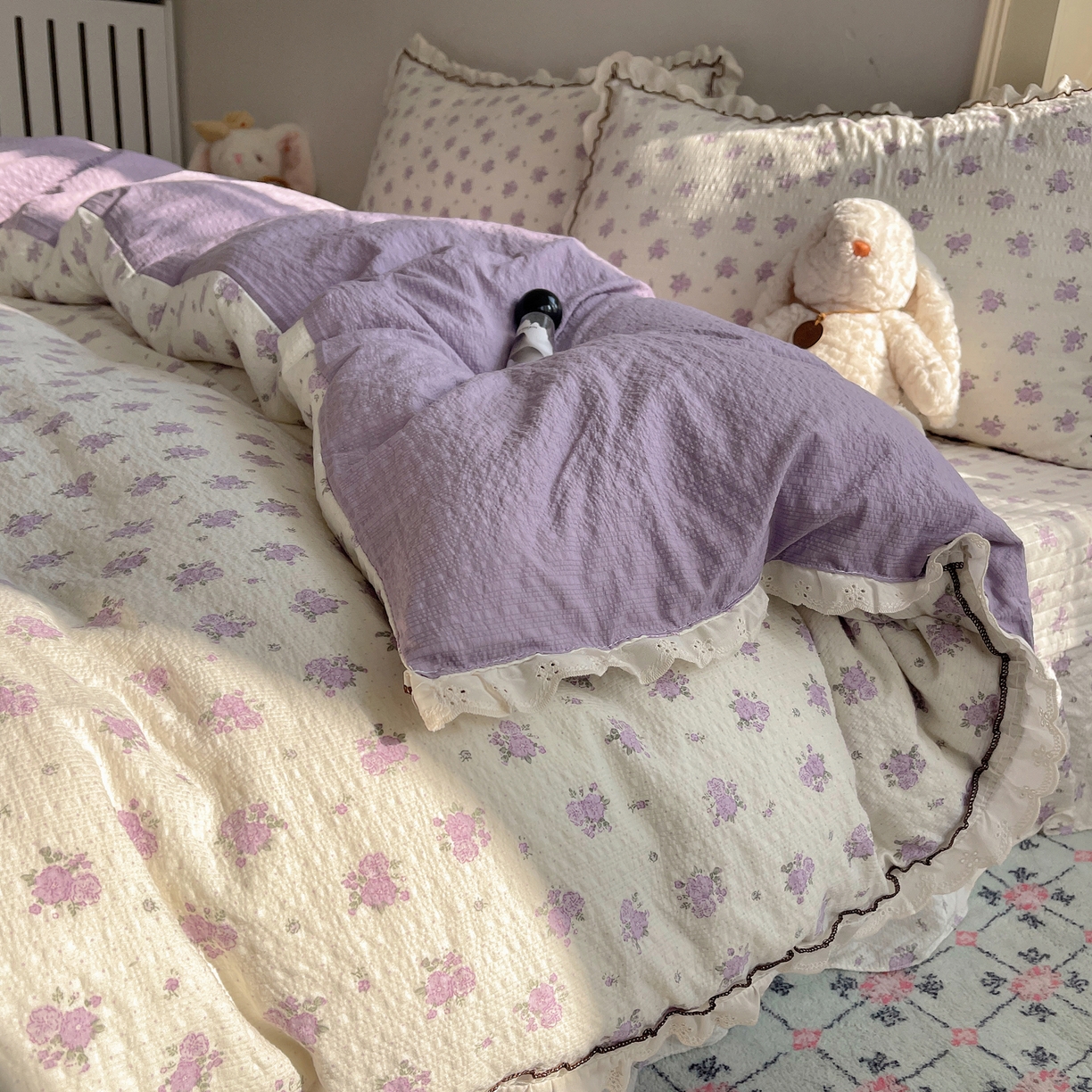 91家纺网 家纺一手货源 找家纺 2026新款泡芙纱床盖四件套 紫苏