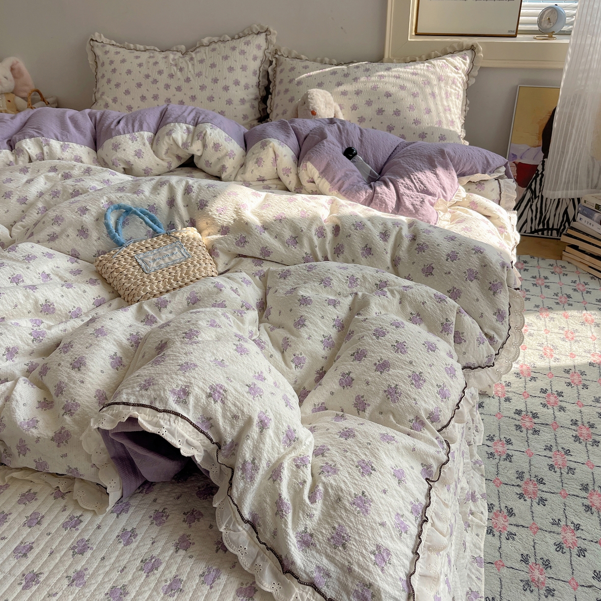 91家纺网 家纺一手货源 找家纺 2026新款泡芙纱床盖四件套 紫苏