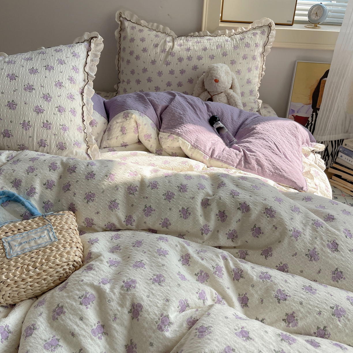 91家纺网 家纺一手货源 找家纺 2026新款泡芙纱床盖四件套 紫苏