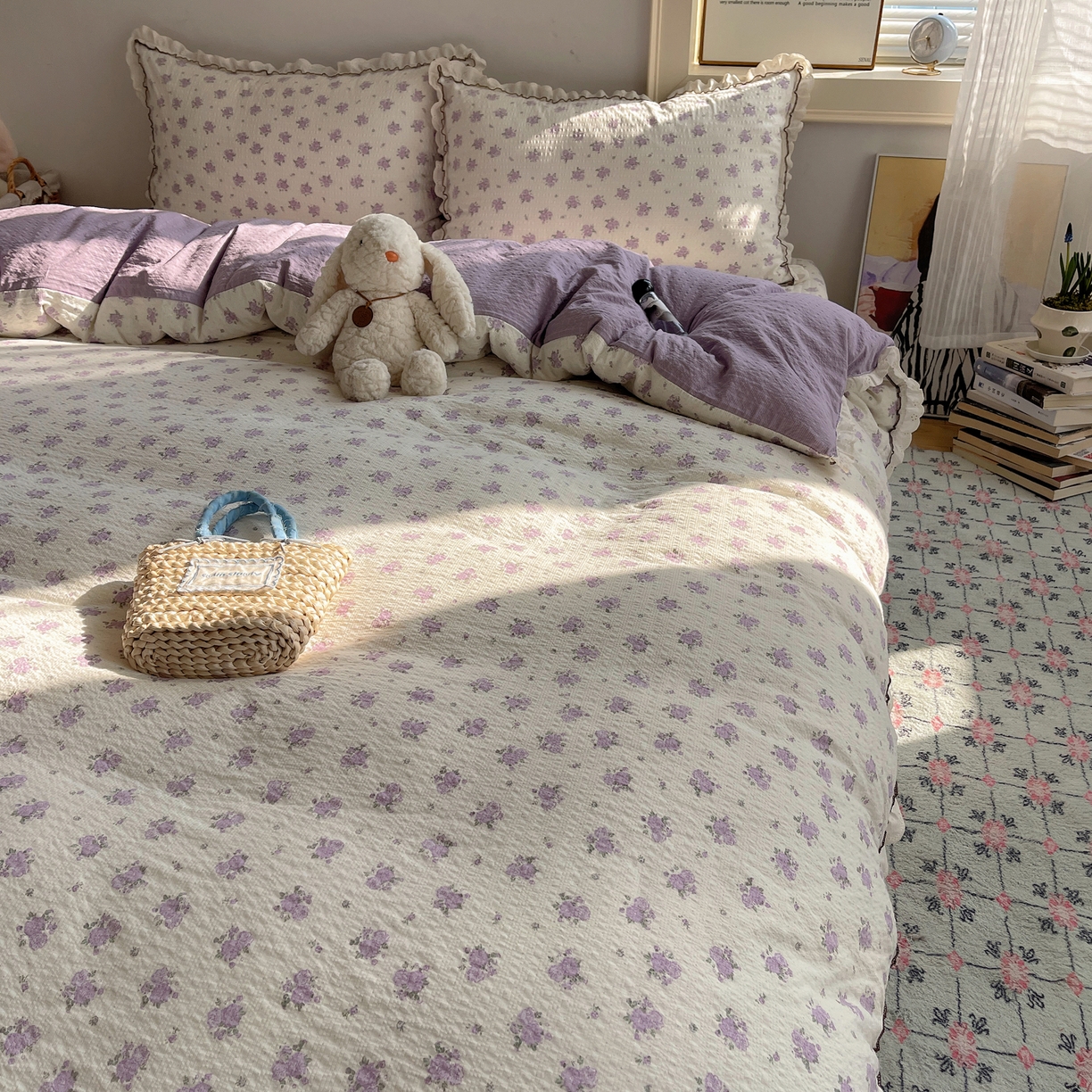 91家纺网 家纺一手货源 找家纺 2026新款泡芙纱床盖四件套 紫苏