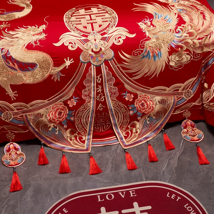 91家纺网 家纺一手货源 找家纺 （总）慕她家纺 2026年全棉纯棉婚庆四件套大红色刺绣结床上用品