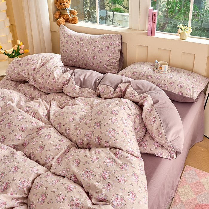 91家纺网 家纺一手货源 找家纺 卢赛尔 2026新款古法水洗仿棉云感棉学生三件套四件套 蔷薇-粉