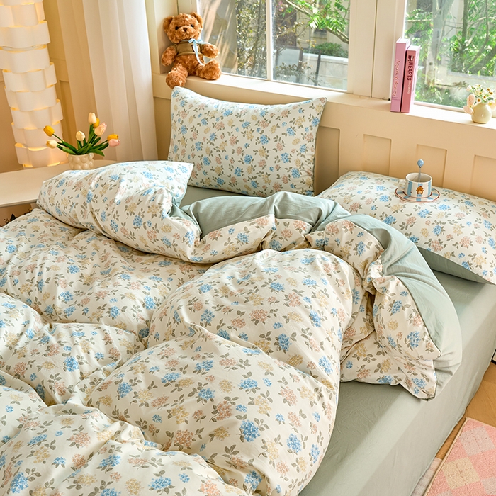 91家纺网 家纺一手货源 找家纺 卢赛尔 2026新款古法水洗仿棉云感棉学生三件套四件套 山茶-绿