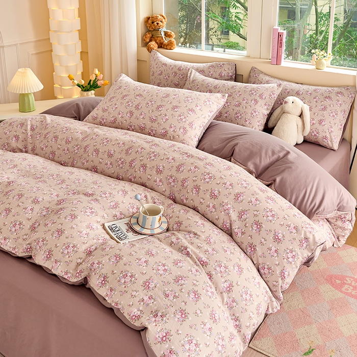 91家纺网 家纺一手货源 找家纺 卢赛尔 2026新款古法水洗仿棉云感棉学生三件套四件套 蔷薇-粉