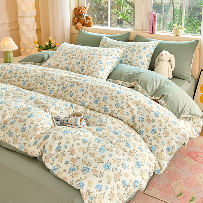 91家纺网 家纺一手货源 找家纺 卢赛尔 2026新款古法水洗仿棉云感棉学生三件套四件套 山茶-绿