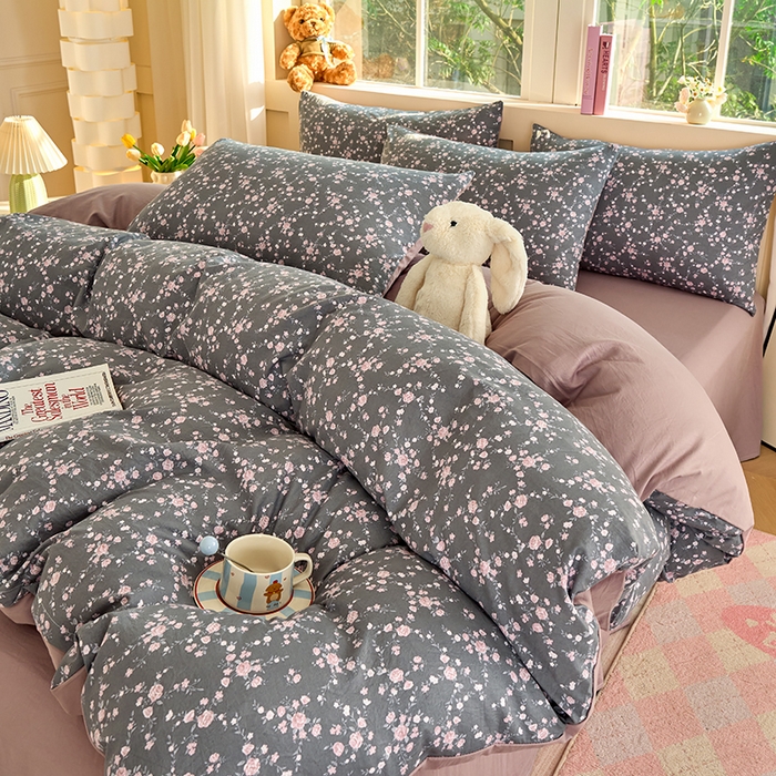 91家纺网 家纺一手货源 找家纺 卢赛尔 2026新款古法水洗仿棉云感棉学生三件套四件套 南粉-灰