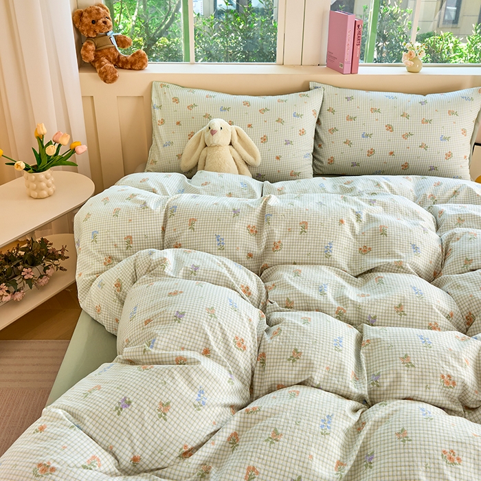 91家纺网 家纺一手货源 找家纺 卢赛尔 2026新款古法水洗仿棉云感棉学生三件套四件套 格子-绿