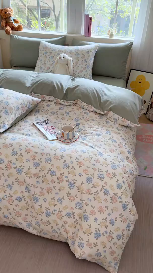 91家纺网 家纺一手货源 找家纺 卢赛尔 2026新款古法水洗仿棉云感棉学生三件套四件套 山茶-绿