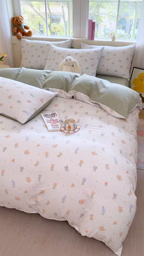 91家纺网 家纺一手货源 找家纺 卢赛尔 2026新款古法水洗仿棉云感棉学生三件套四件套 格子-绿